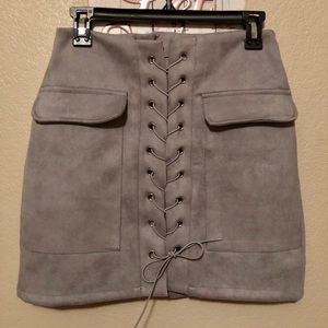 Gray Faux Suede Lace Up Front Pencil Mini Skirt